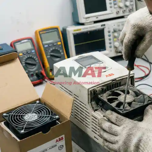 Kỹ sư bảo trì điện đang tiến hành tháo lắp và thay thế quạt làm mát chính hãng cho biến tần ABB ACS580