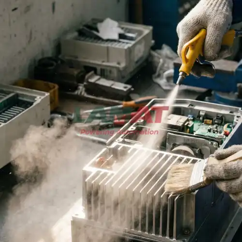 Kỹ thuật viên mặc đồ bảo hộ đang dùng súng khí nén và cọ để vệ sinh chuyên sâu khe nhôm tản nhiệt của biến tần ABB