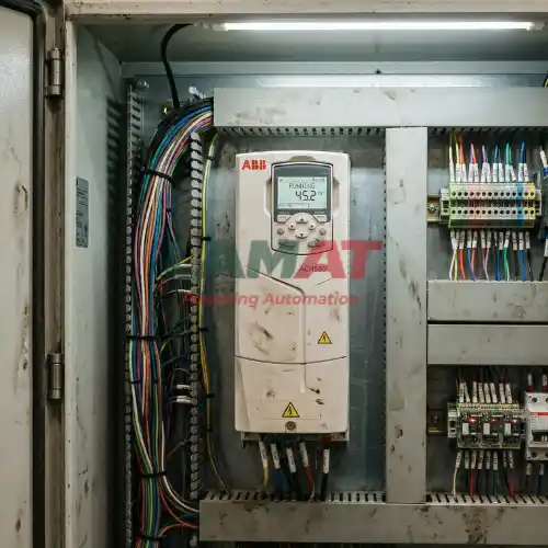 Hình ảnh thực tế biến tần VFD hoạt động trong tủ điện dây chuyền sản xuất