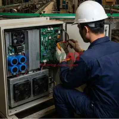 Hình ảnh thực tế kỹ thuật viên chuyên nghiệp đang dùng đồng hồ vạn năng kiểm tra, bảo dưỡng biến tần VFD trong tủ điện điều khiển dây chuyền sản xuất công nghiệp
