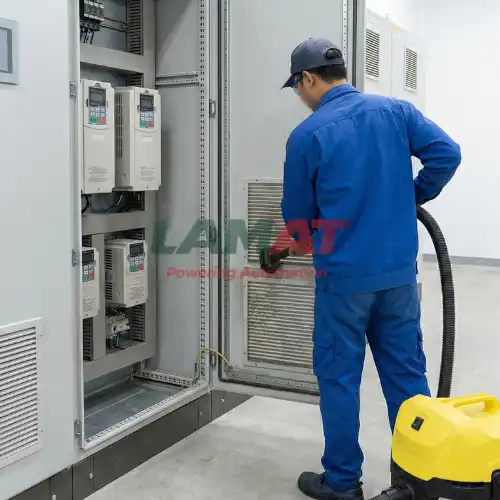 Kỹ thuật viên đang vệ sinh tấm lọc bụi tủ điện biến tần trong quy trình bảo dưỡng định kỳ